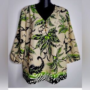 Dark Floral Bohemian Goth Indie  Blouse Black Cream Olive Green Size 0